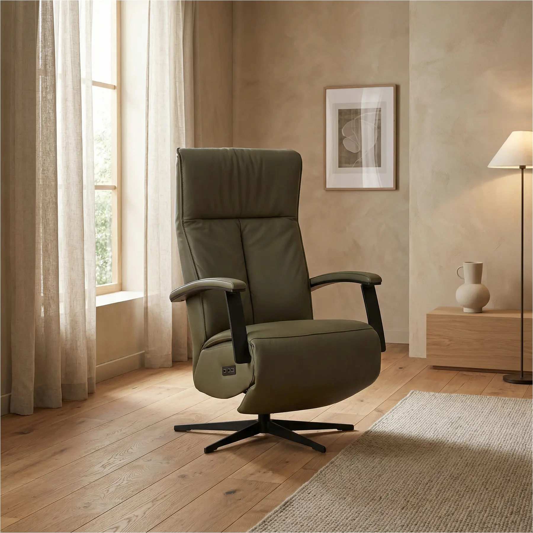 afbeelding van Leren relaxfauteuil met hartbalans Pure - Toledo Olive (olijf/groen) - medium - stervoet zwart (slank)