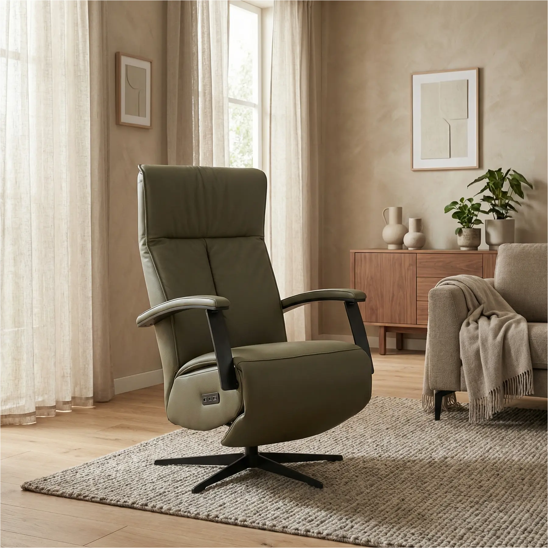 afbeelding van Leren elektrisch relaxfauteuil Pure - Toledo Olive (olijf/groen) - small - stervoet zwart (slank)