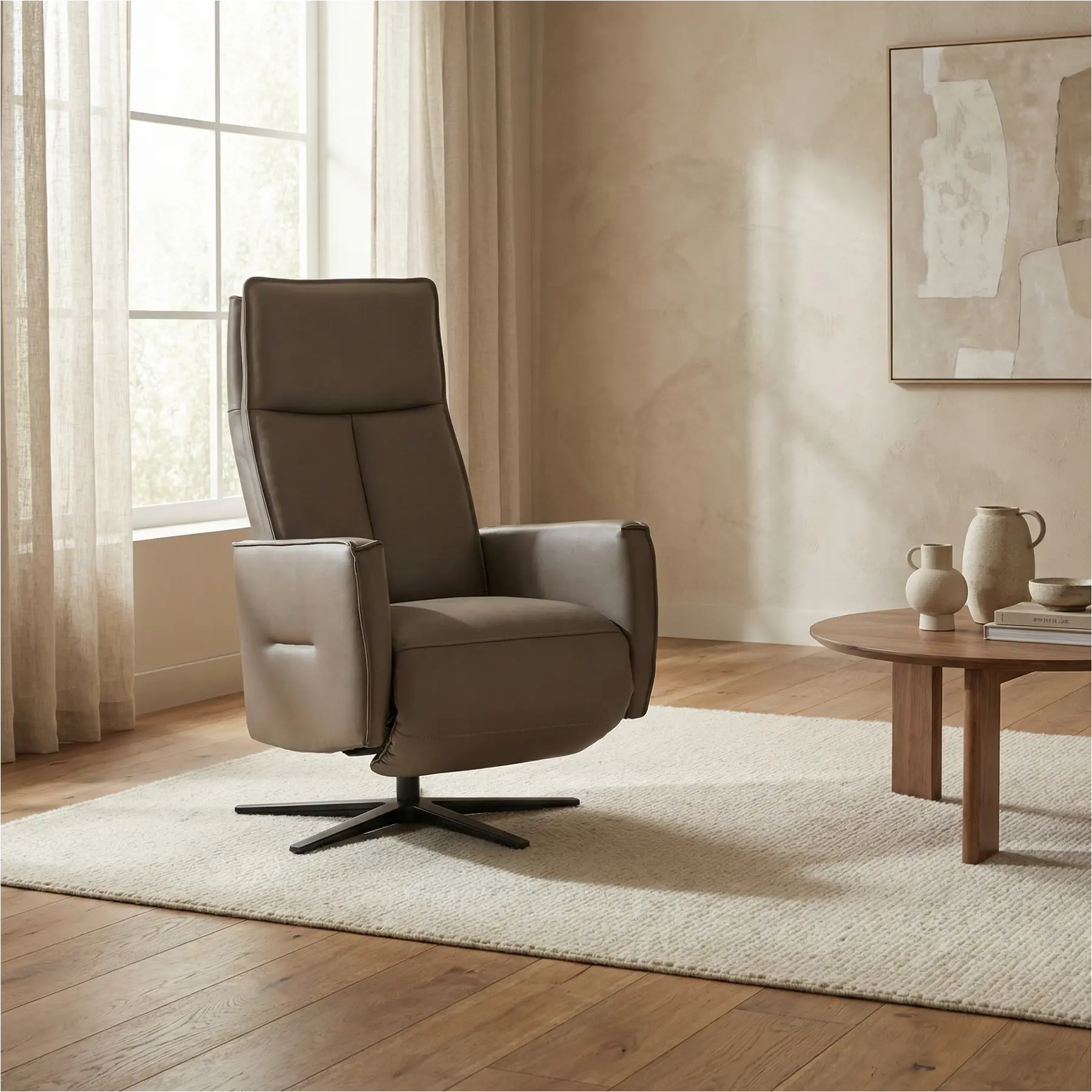 afbeelding van Leren elektrisch relaxfauteuil Honor - Massif Rock (grijs/bruin) - Medium - Schotelvoet zwart