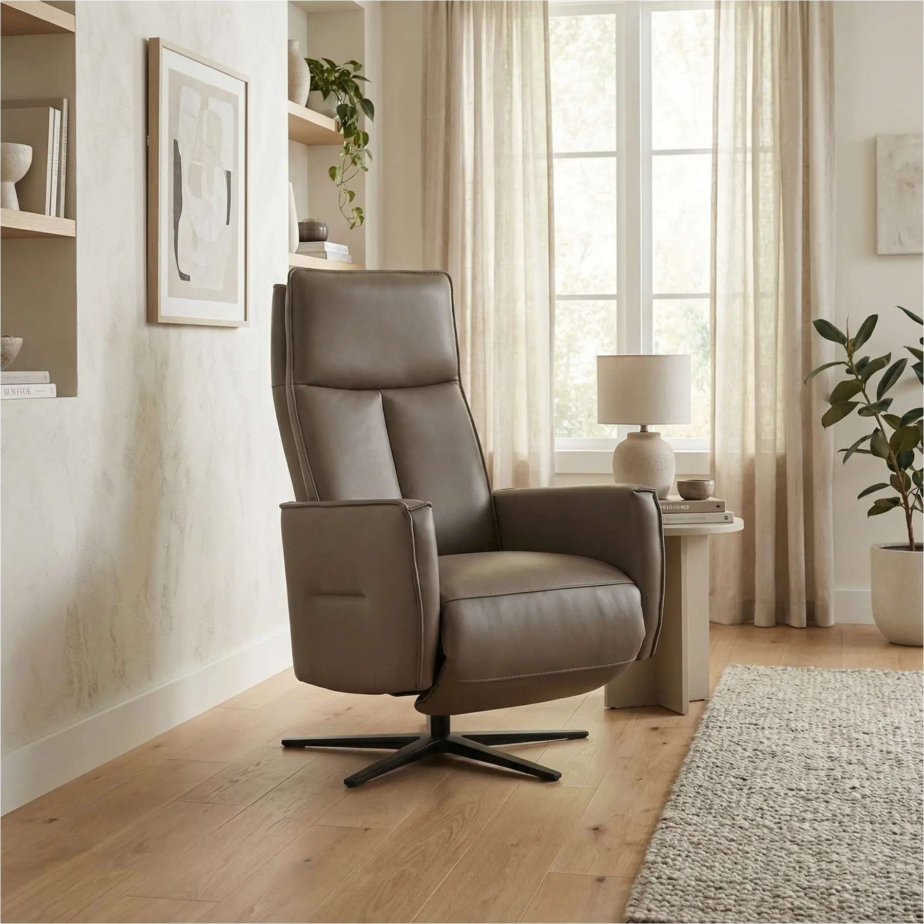 afbeelding van Leren handmatige relaxfauteuil Honor - Massif Rock (grijs/bruin) - Large - Schotelvoet zwart