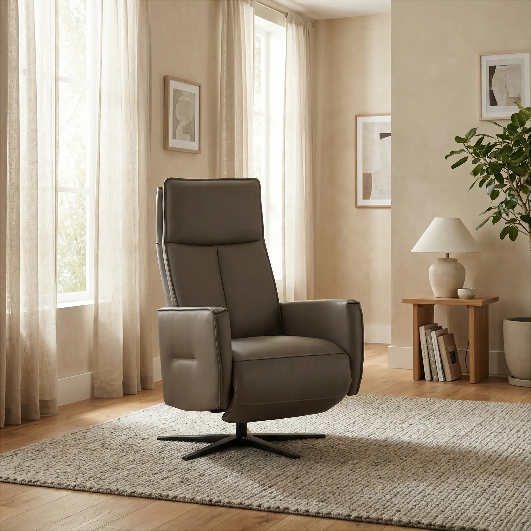 afbeelding van Leren handmatige relaxfauteuil Honor - Massif Rock (grijs/bruin) - Medium - Schotelvoet zwart