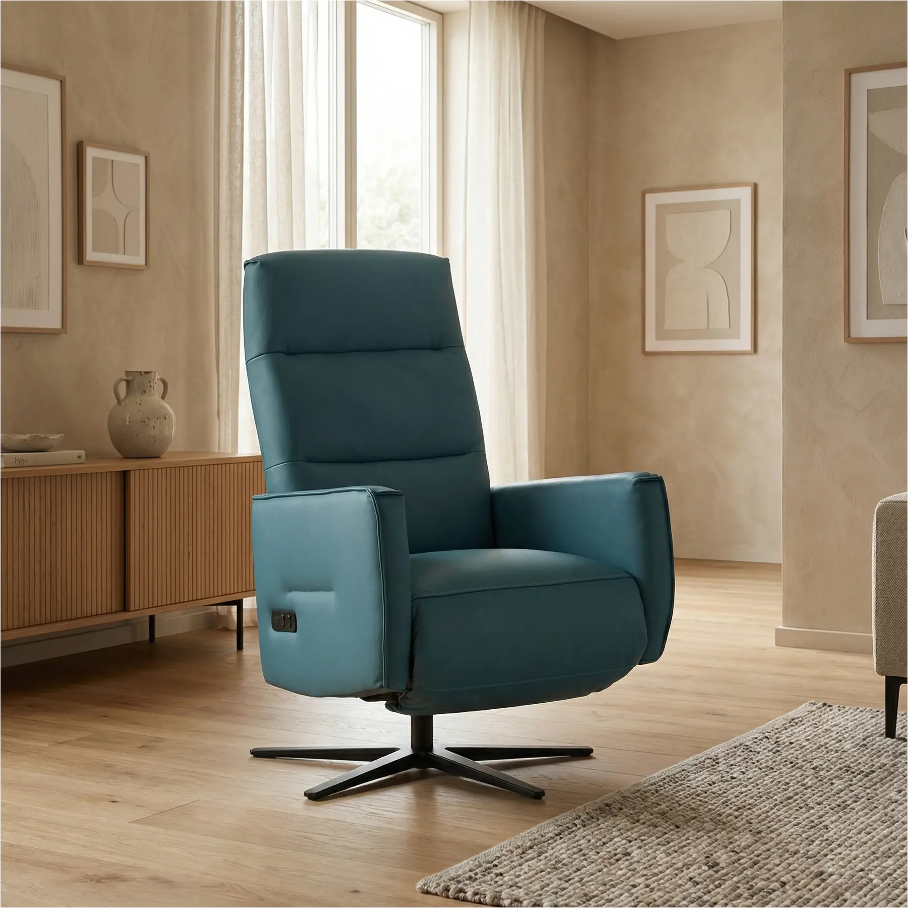 afbeelding van Leren handmatige relaxfauteuil Pride - Toledo Turquoise (blauw) - Medium - Stervoet zwart