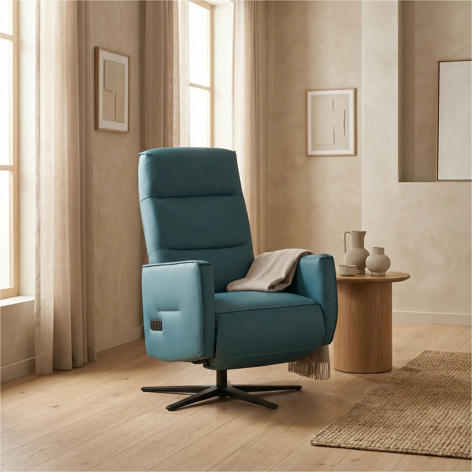 afbeelding van Leren handmatige relaxfauteuil Pride - Toledo Turquoise (blauw) - Small - Schotelvoet zwart