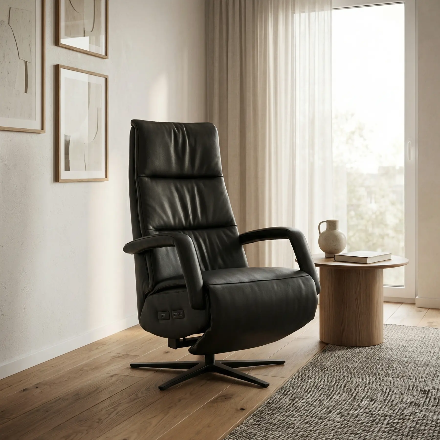 afbeelding van Leren elektrisch relaxfauteuil Calm - Massif Nero (zwart) - extra large - stervoet zwart (breed)