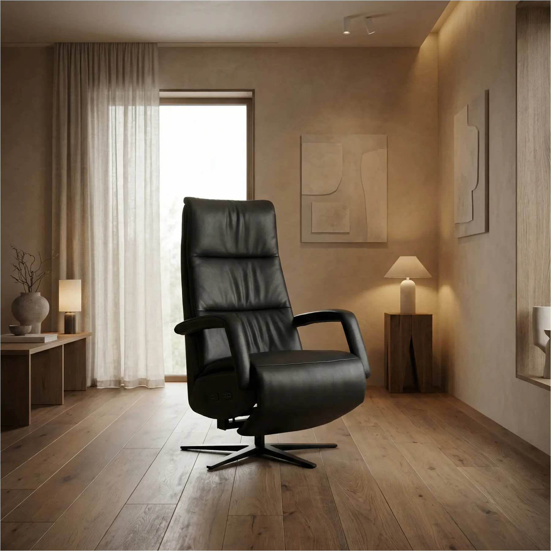 afbeelding van Leren elektrisch relaxfauteuil Calm - Massif Nero (zwart) - large - stervoet zwart (breed)