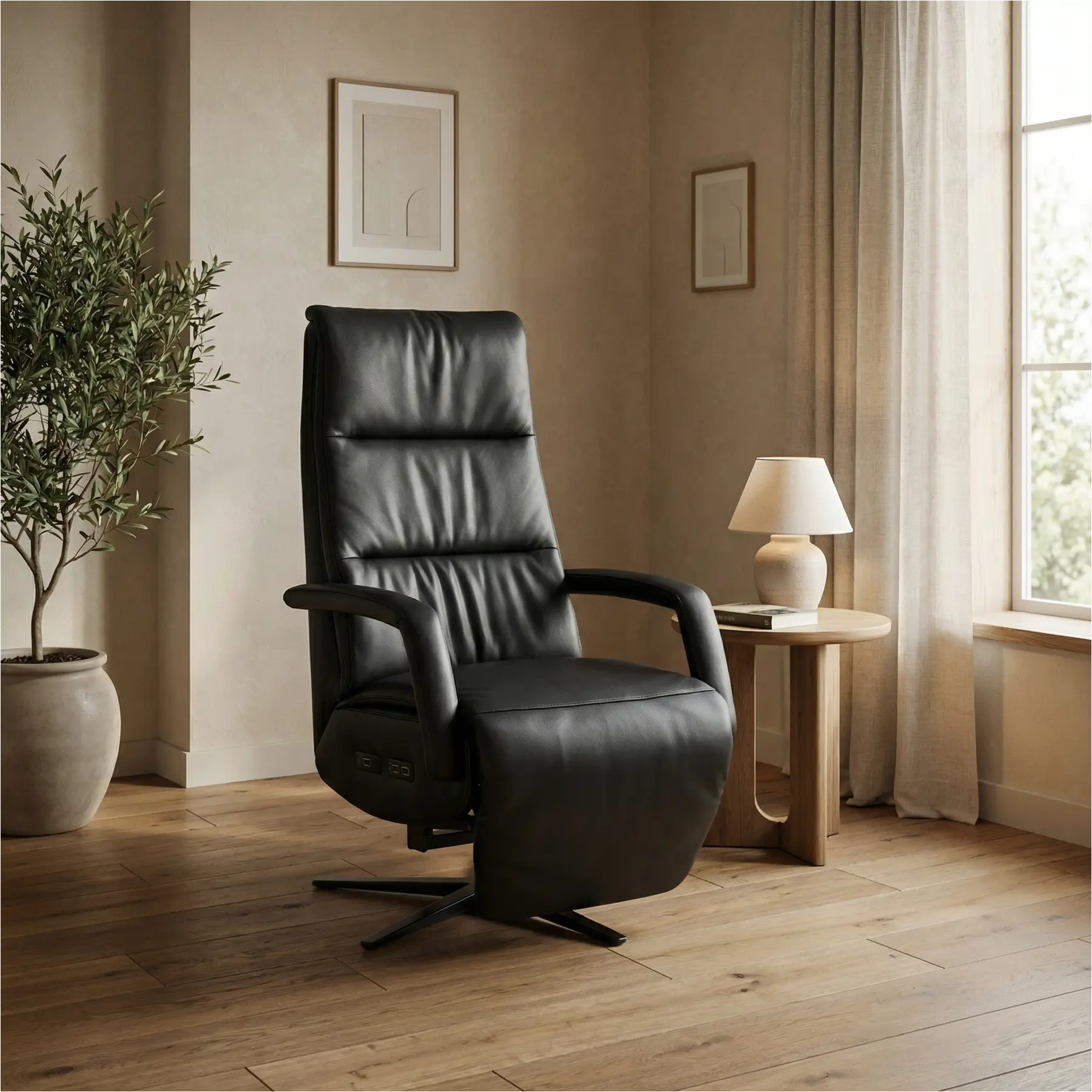 afbeelding van Leren sta-op-stoel Calm - Massif Nero (zwart) - large - stervoet zwart (breed)