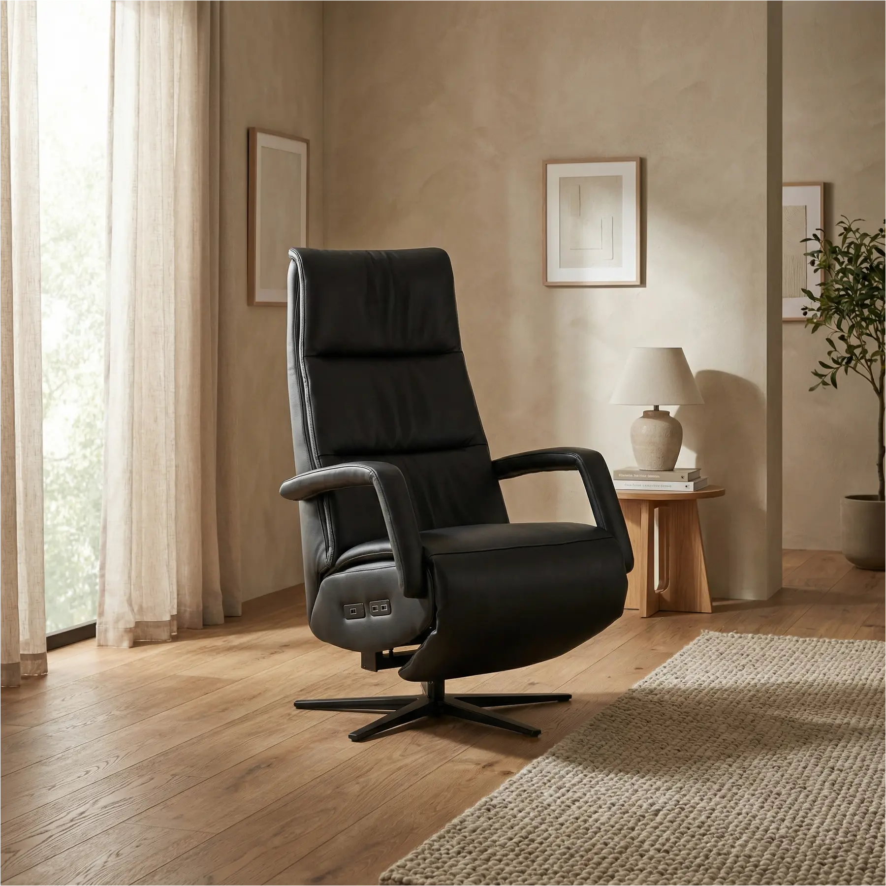 afbeelding van Leren elektrisch relaxfauteuil Calm - Massif Nero (zwart) - medium - stervoet zwart (breed)