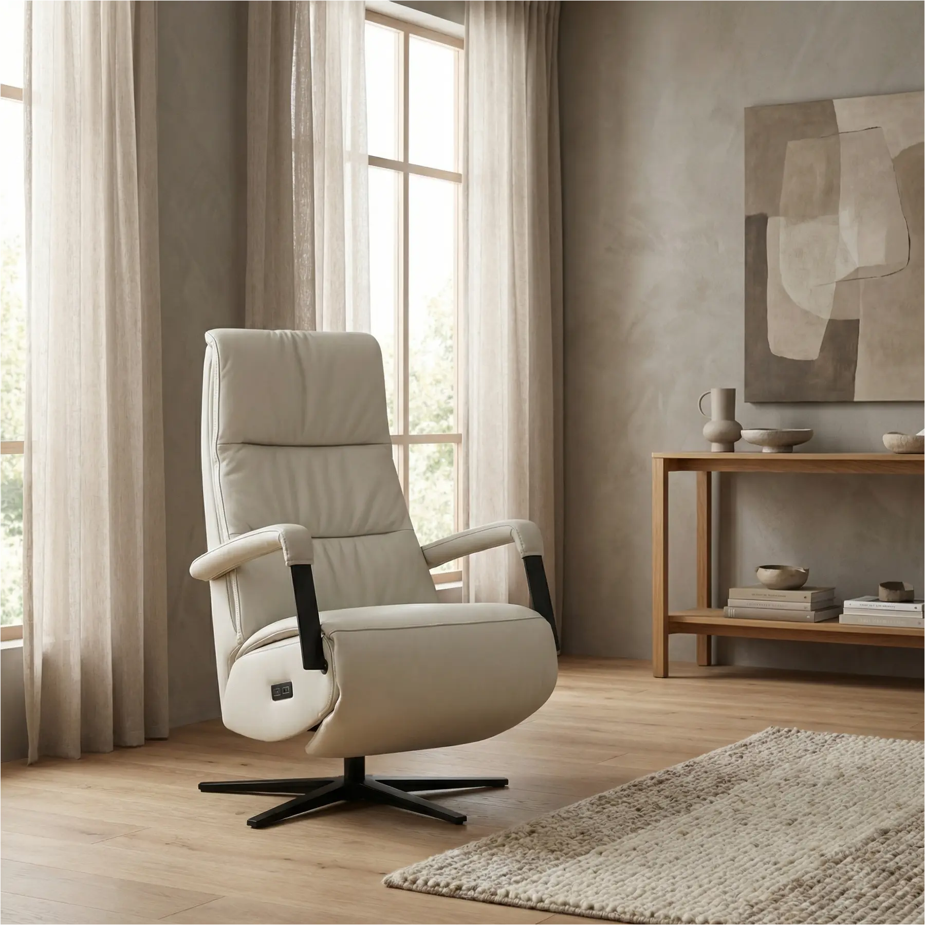 afbeelding van Leren elektrisch relaxfauteuil Core - Toledo Nebbia (creme) - extra large - stervoet zwart (breed)