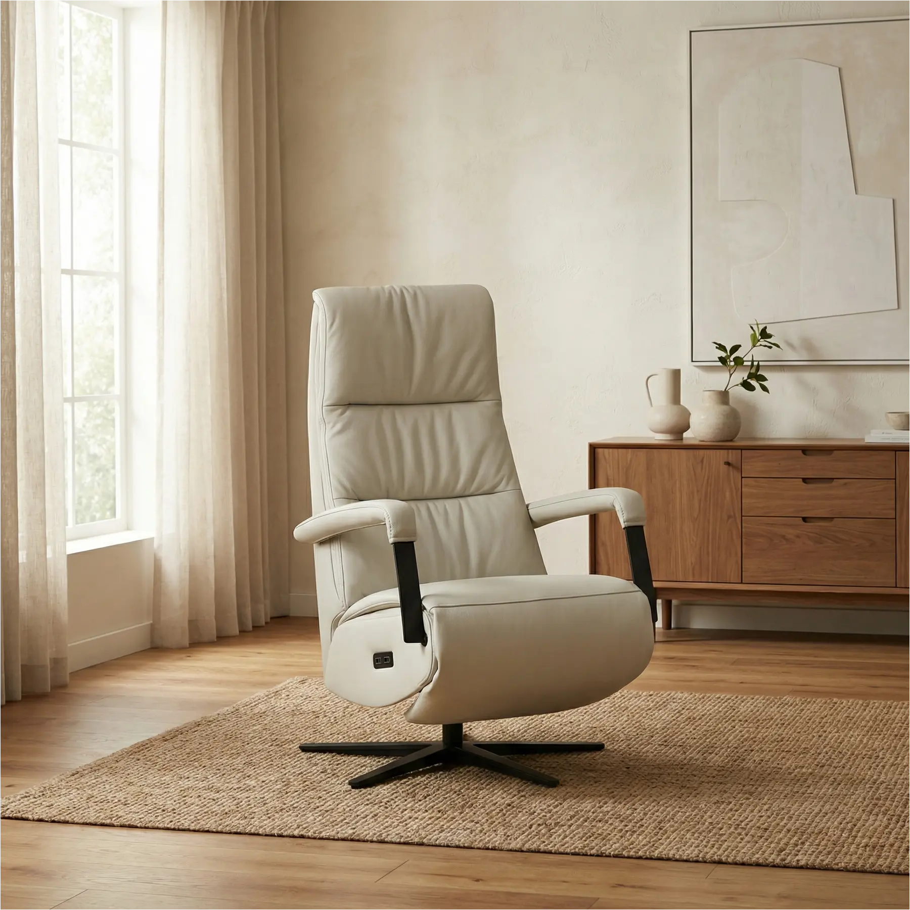 afbeelding van Leren elektrisch relaxfauteuil Core - Toledo Nebbia (creme) - large - stervoet zwart (breed)