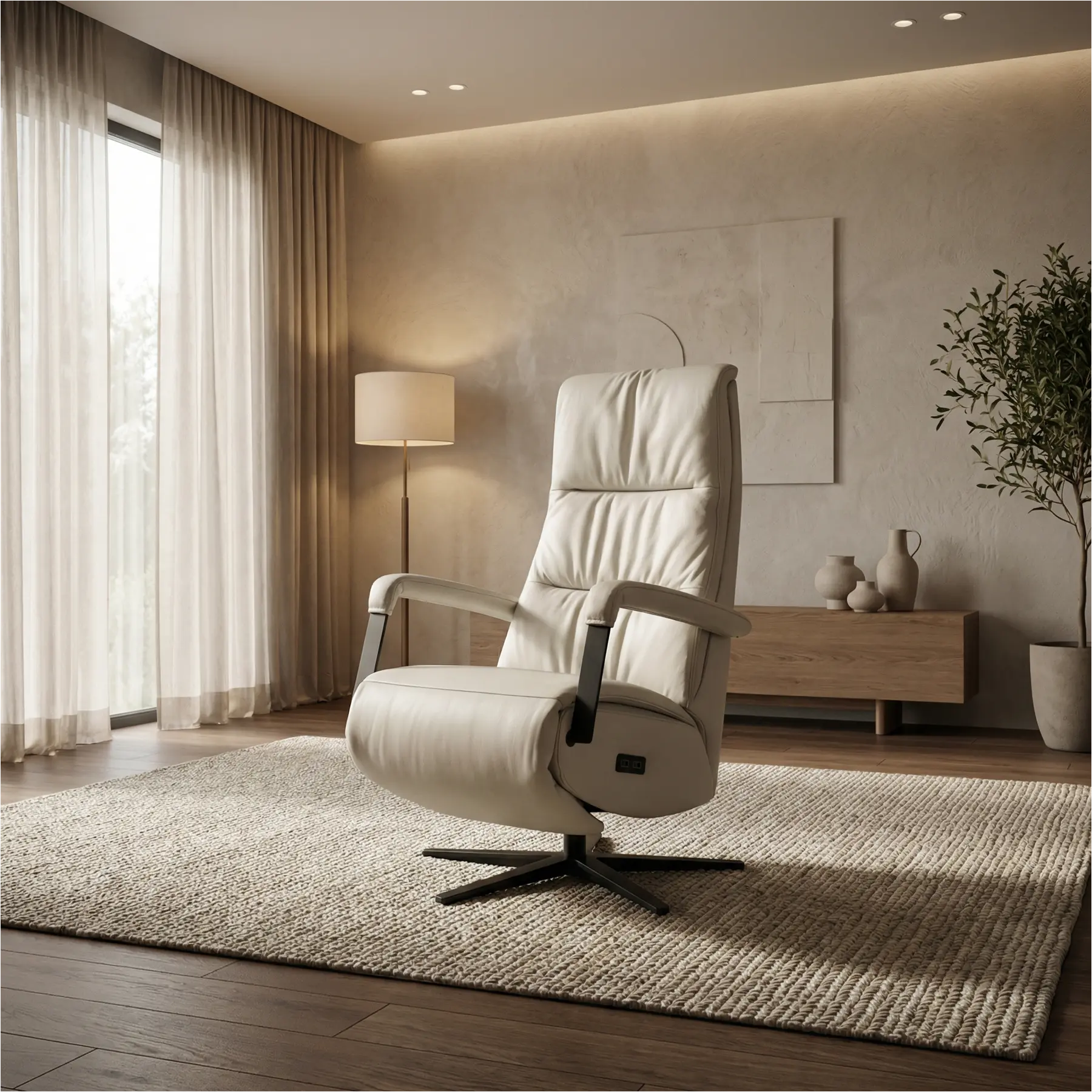 afbeelding van Leren elektrisch relaxfauteuil Core - Toledo Nebbia (creme) - medium - stervoet zwart (breed)