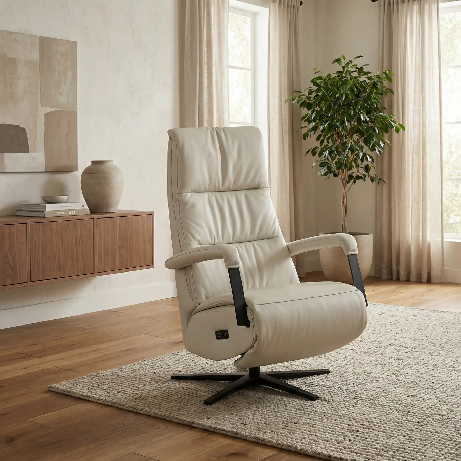 afbeelding van Leren relaxfauteuil met hartbalans Core - Toledo Nebbia (creme) - medium - stervoet zwart (breed)
