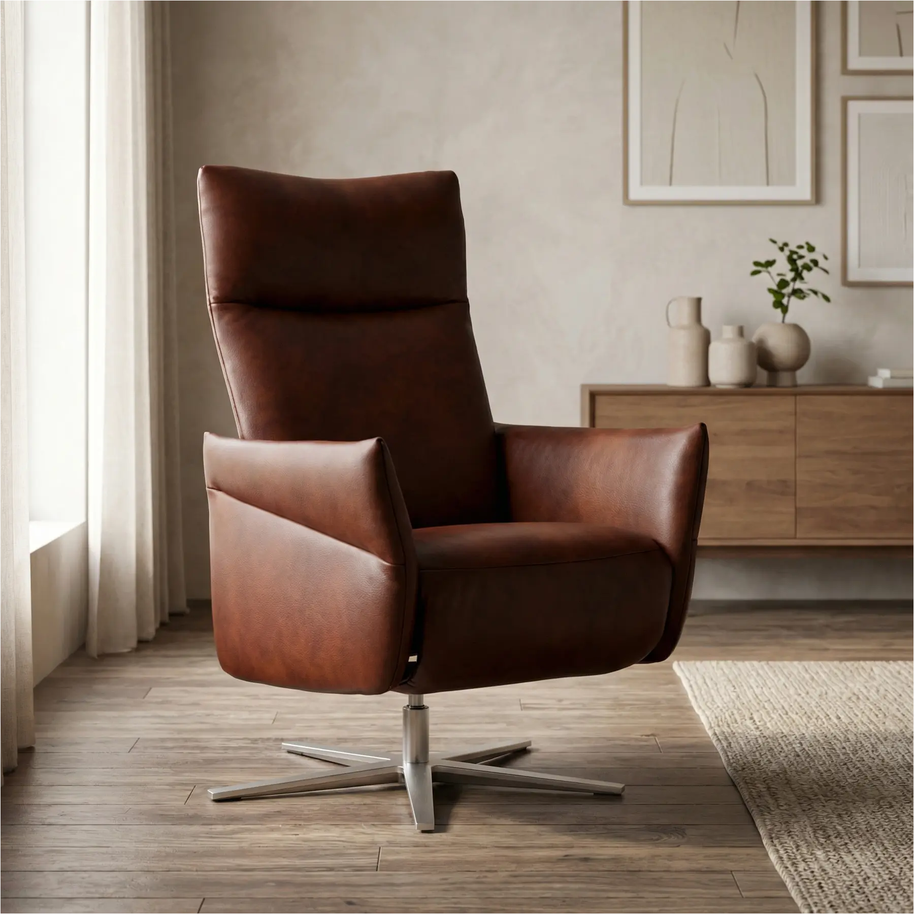 afbeelding van Leren relaxfauteuil Ease - Granada Cognac (donkercognac) - Large (zithoogte 49cm) - Stervoet RVS