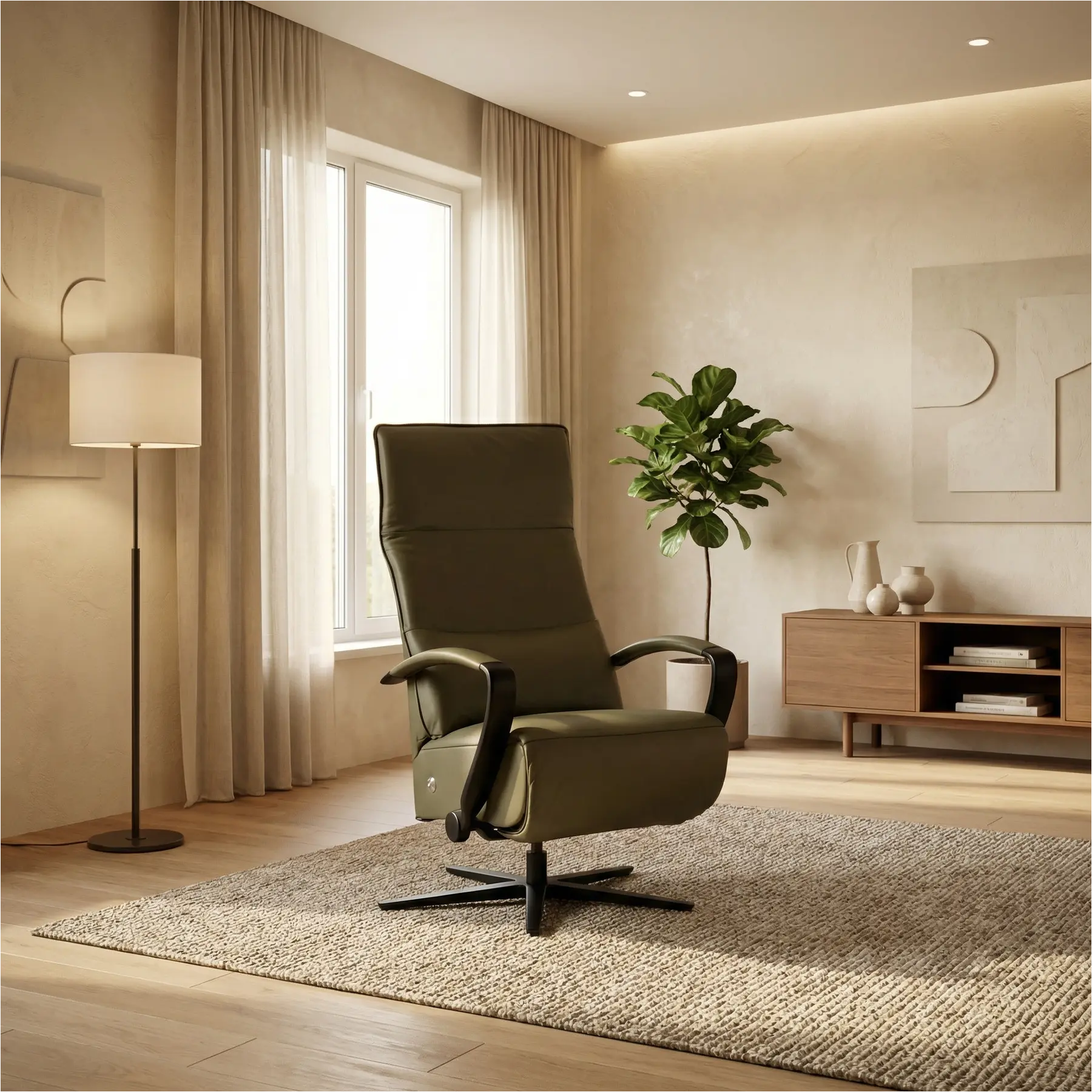 afbeelding van Leren relaxfauteuil Matrix - Massif Olive (olijf/groen) - Medium (zithoogte 46cm) - Stervoet zwart