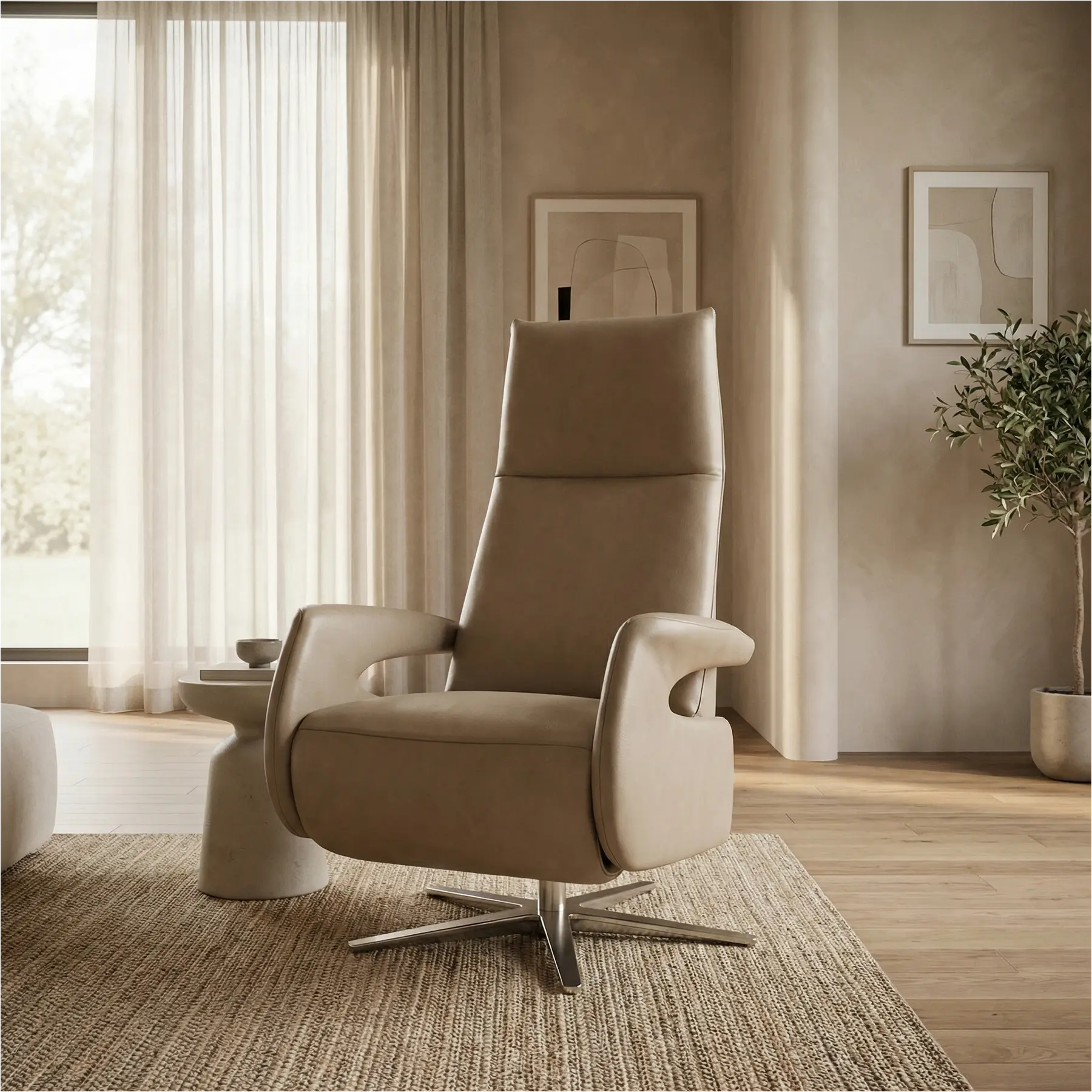 afbeelding van Leren relaxfauteuil Note - Granada Taupe (taupe/bruin) - Medium (zithoogte 46cm) - Stervoet chroom