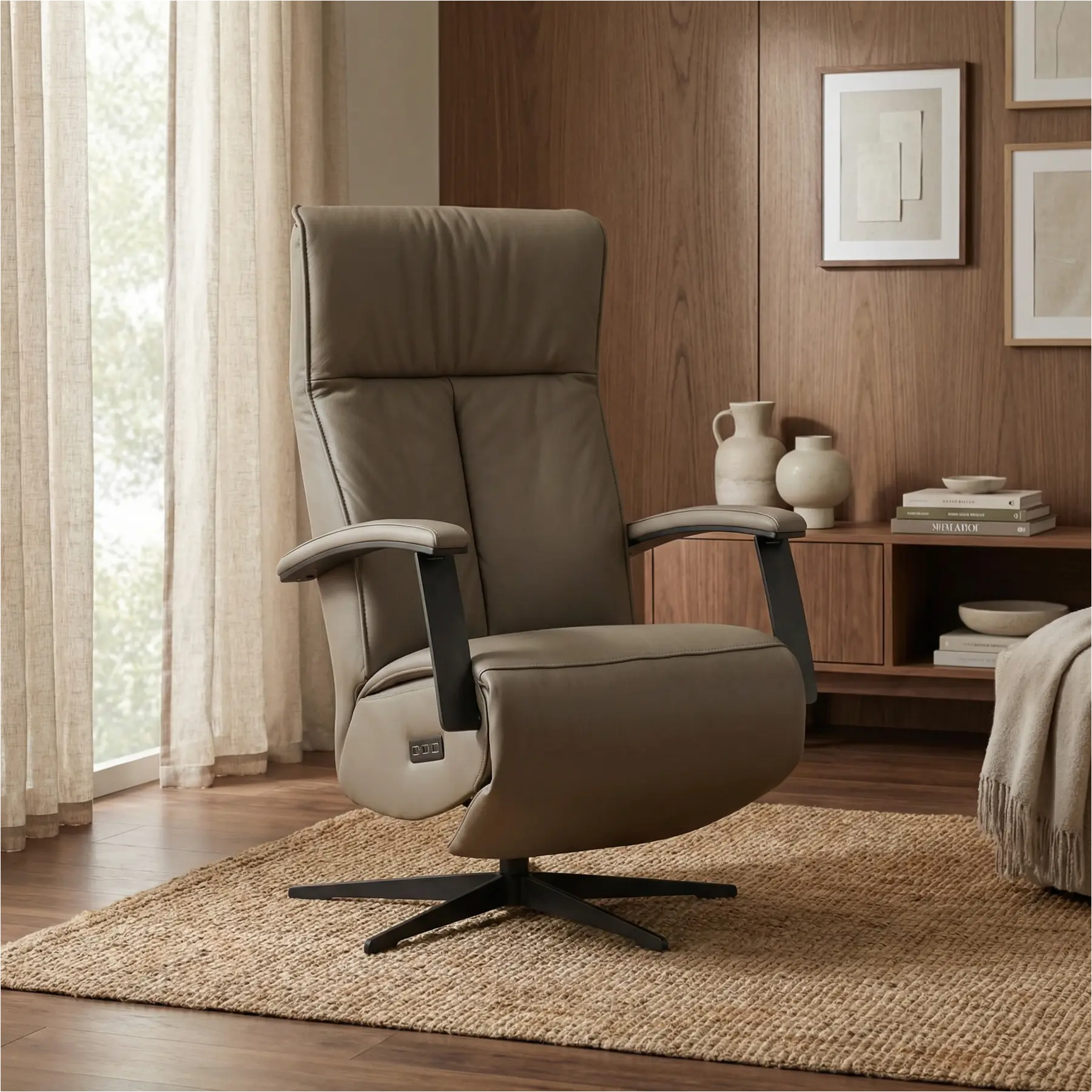 afbeelding van Leren relaxfauteuil met hartbalans Pure - Toledo Moss (bruin/groen) - extra large - stervoet zwart (slank)