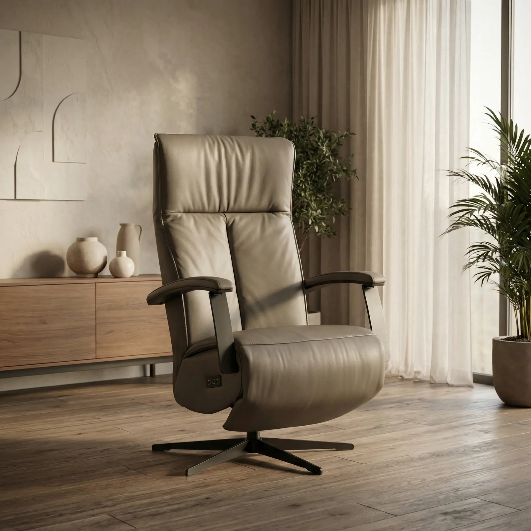 afbeelding van Leren elektrisch relaxfauteuil Pure - Toledo Moss (bruin/groen) - medium - stervoet zwart (slank)