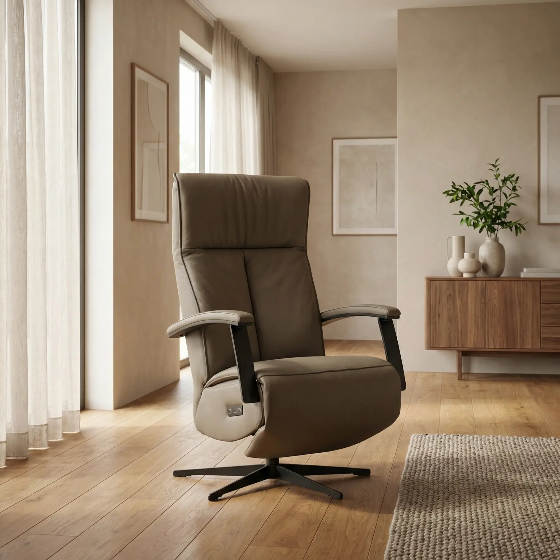 afbeelding van Leren elektrisch relaxfauteuil Pure - Toledo Moss (bruin/groen) - small - stervoet zwart (slank)