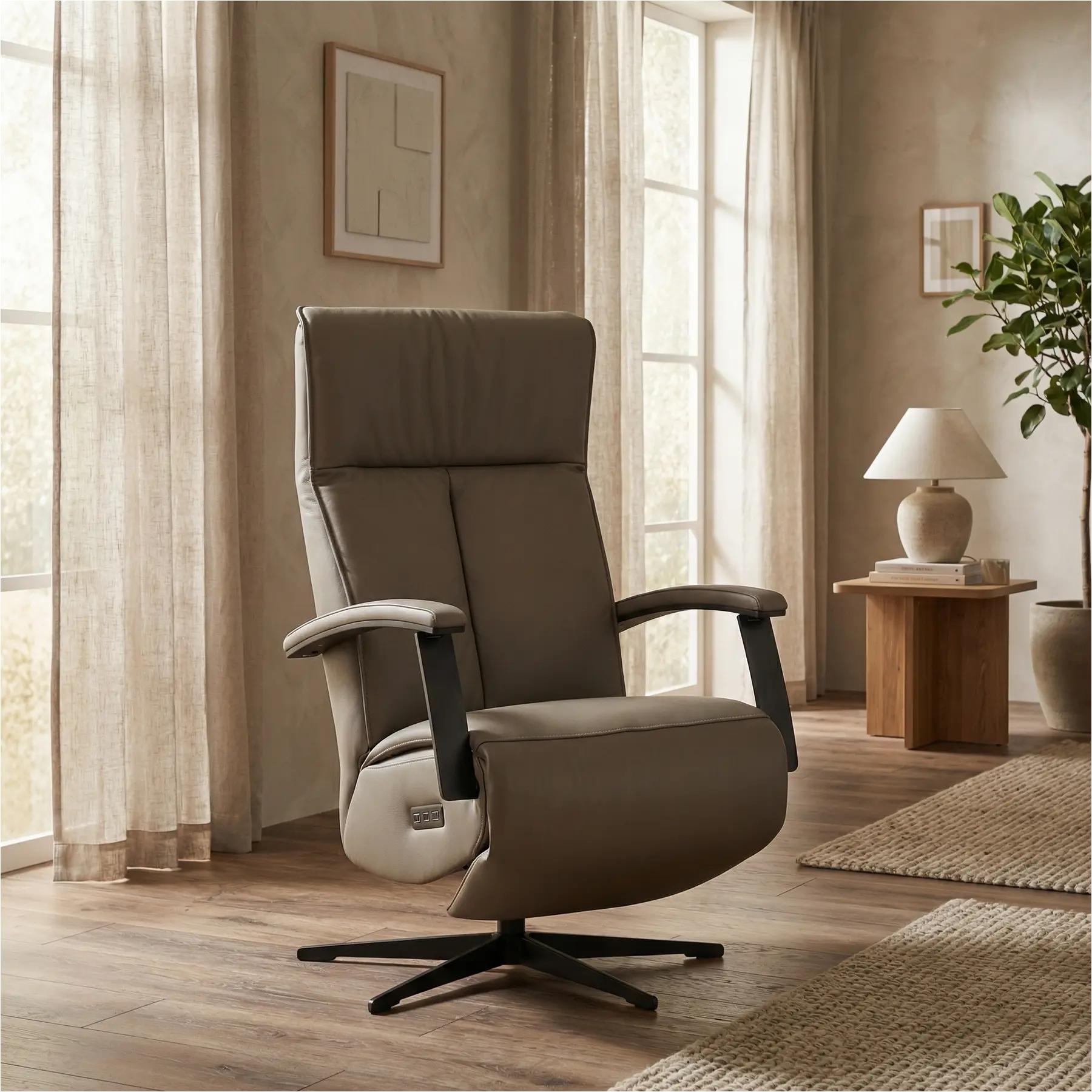 afbeelding van Leren relaxfauteuil met hartbalans Pure - Toledo Moss (bruin/groen) - small - stervoet zwart (slank)