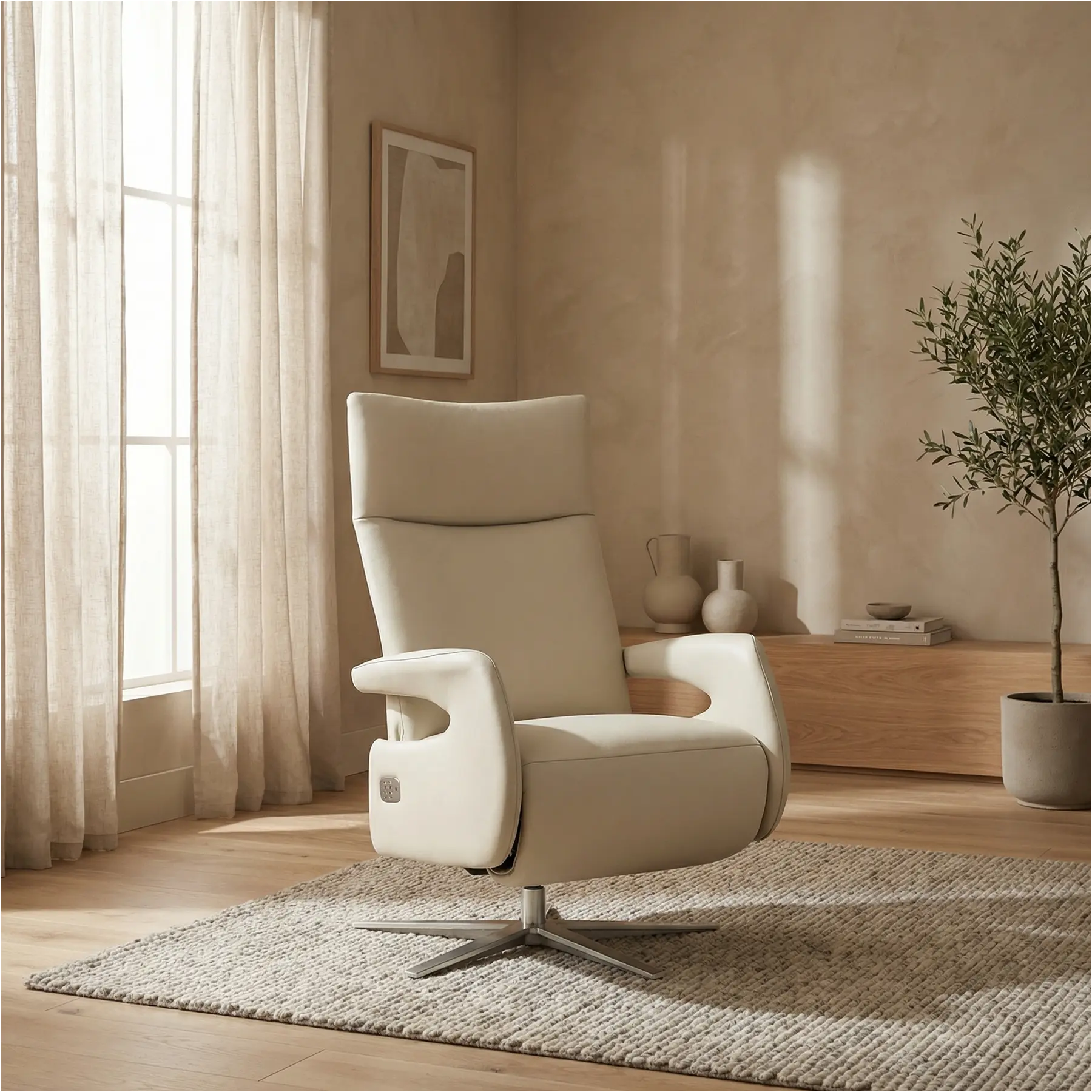 afbeelding van Leren relaxfauteuil Vibe elektrisch - Massif Ecru (crème) - Medium (zithoogte 46cm) - Stervoet RVS