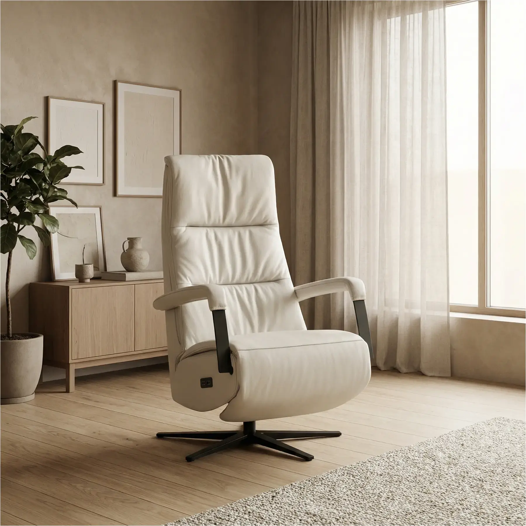 afbeelding van Leren elektrisch relaxfauteuil Core - Toledo Nebbia (creme) - medium - stervoet zwart (breed)