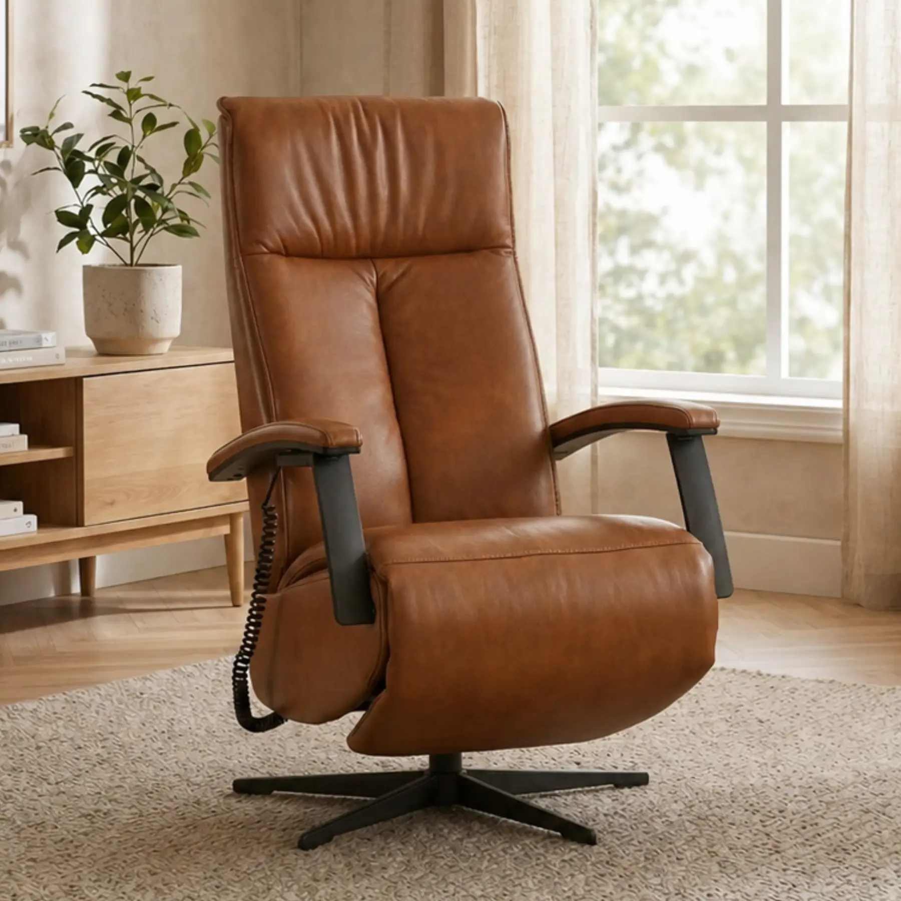 afbeelding van Leren relaxfauteuil met hartbalans Pure - Granada Savannah (cognac) - medium - stervoet zwart (slank)